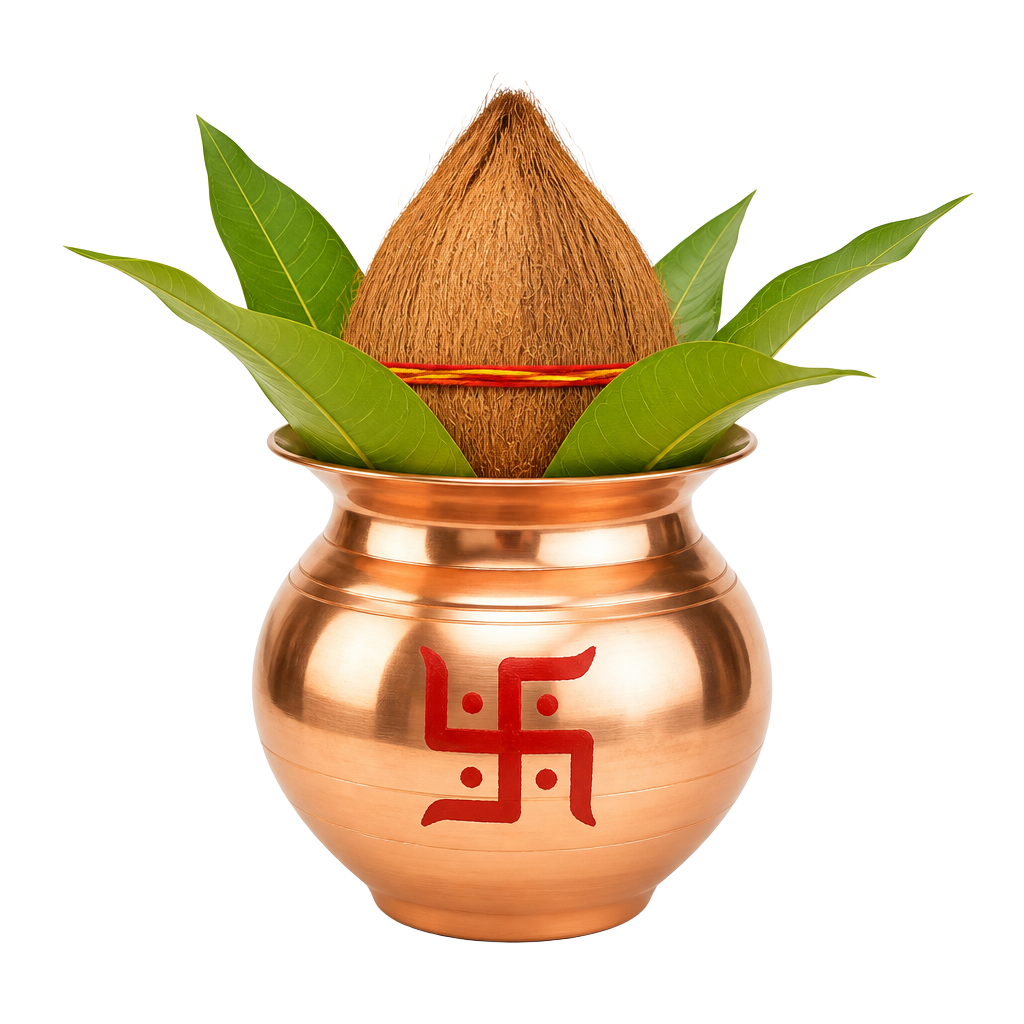 Ceremonial copper Kalash with coconut and mango leaves